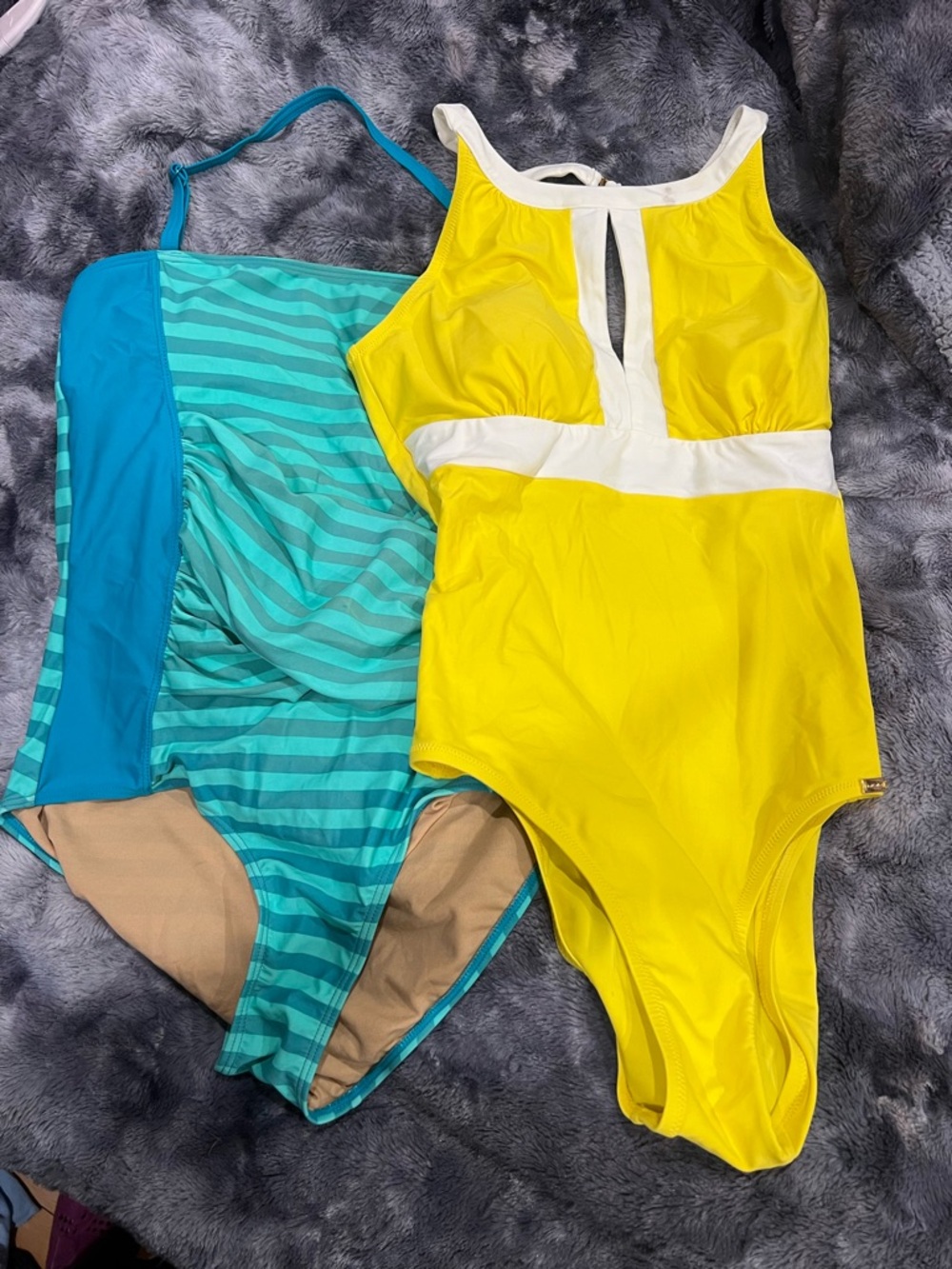 L/10 One-Piece Swimsuit lot - Yellow with White Trim & green stripes